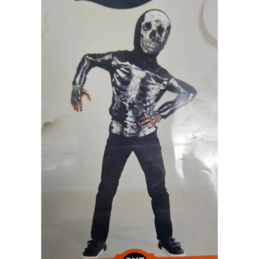 Kids Skeleton Costume Glows Under Blacklight Shirt & Mask One Size Ages 3+